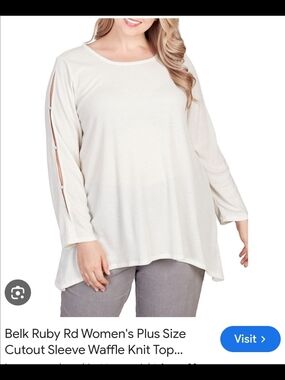 Ruby Rd. Cream And Silver Split-Sleeve Waffle Knit Top Rhinestone Embelishments
